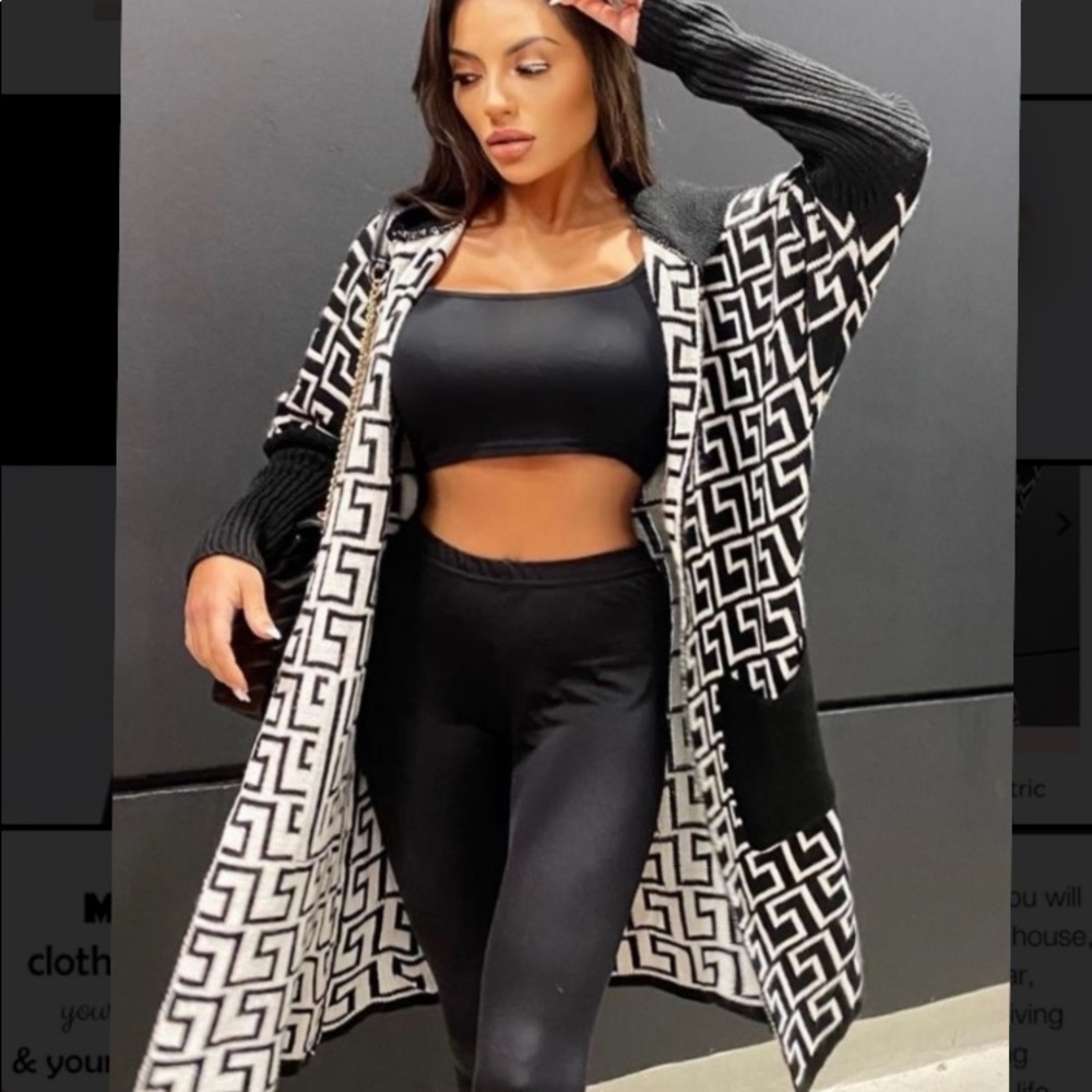 Black White Geometric Hooded Cardigan